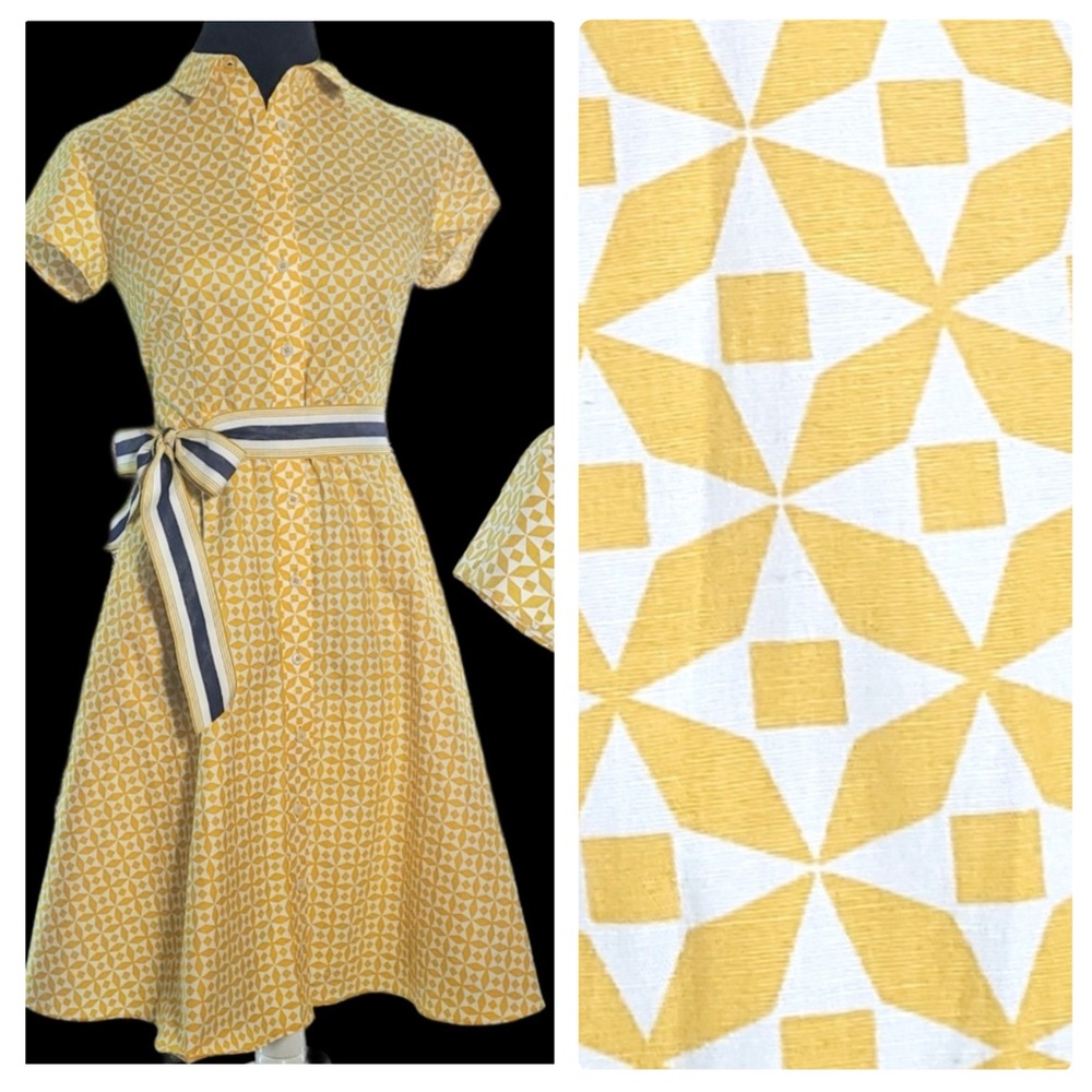 BODEN “Sophia” Shirtdress, EUC. Yellow & White Geometric Print